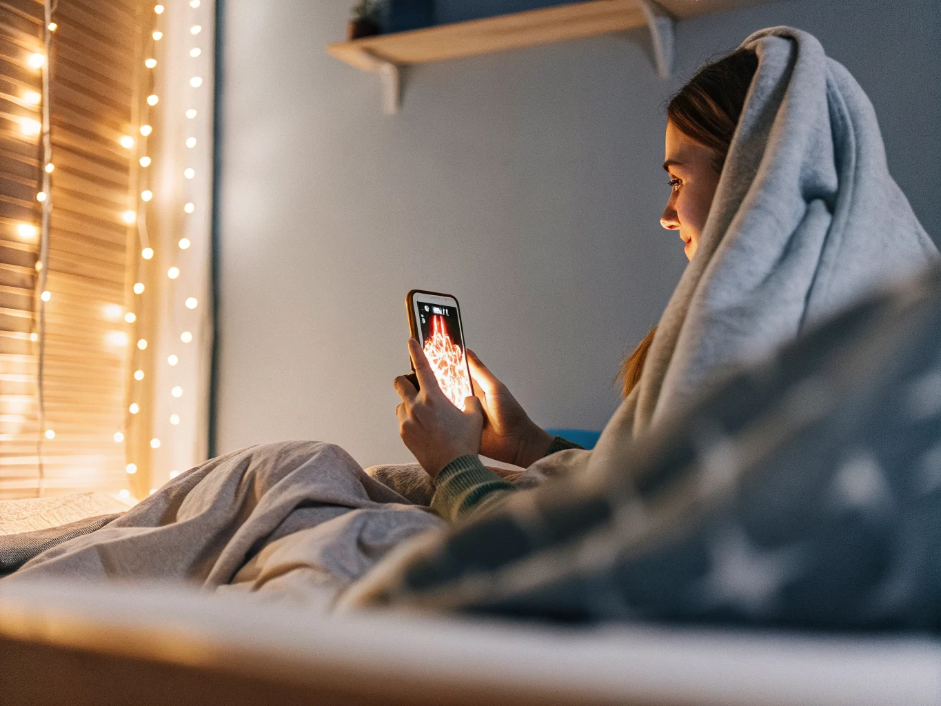 A young woman wrapped in a blanket looks at her phone by warm string lights late at night in her bedroom.