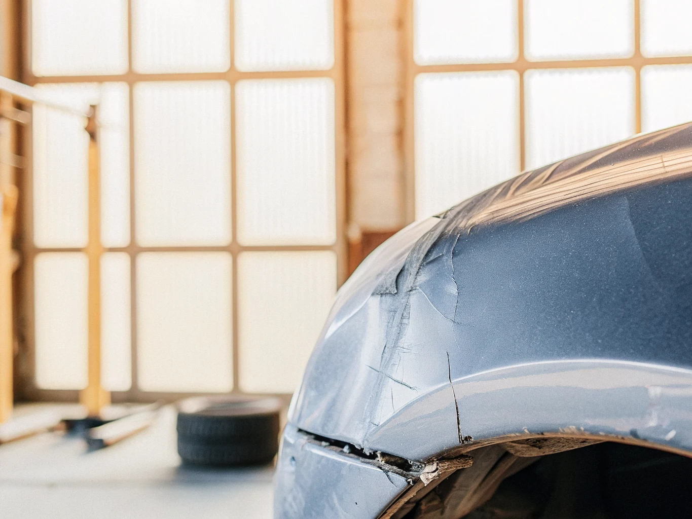 Close-up of a dented and cracked car bumper on a vehicle inside an auto body repair shop
