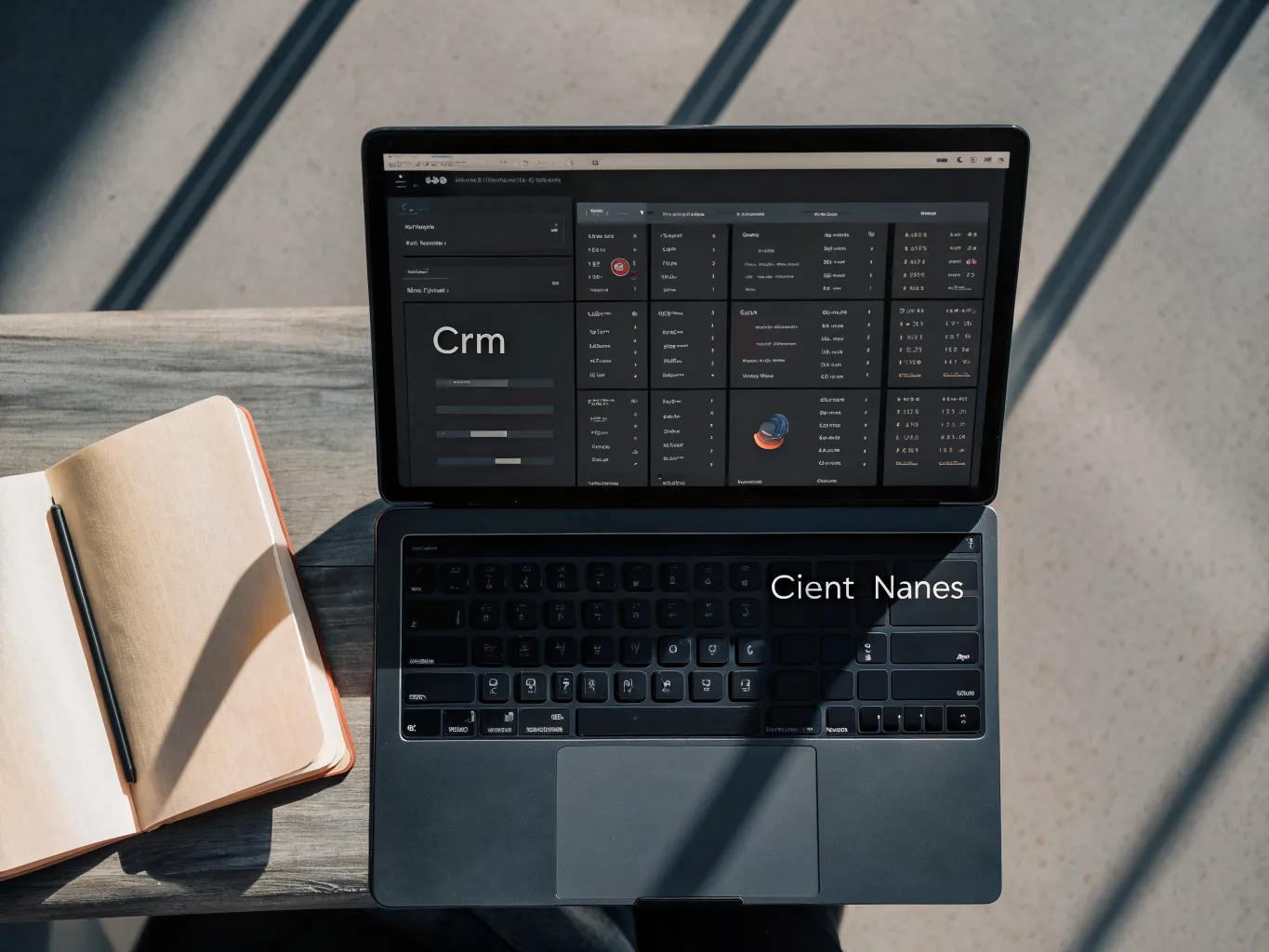 Laptop showing a complex CRM dashboard next to a simple notebook with handwritten client names