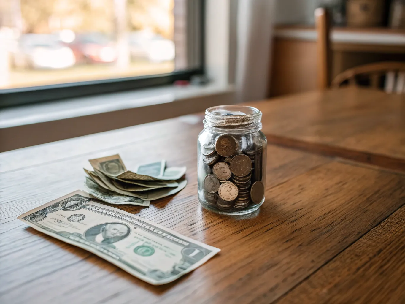 Small glass jar with coins and a few dollar bills on a kitchen table