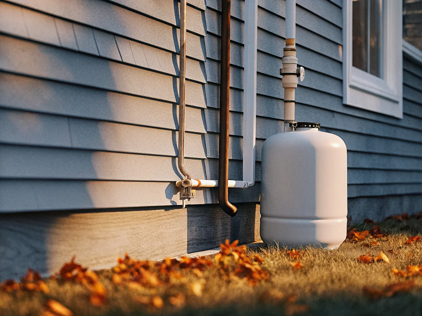 A white residential propane tank and copper oil supply lines against a house's clapboard siding, autumn leaves scattered on the grass