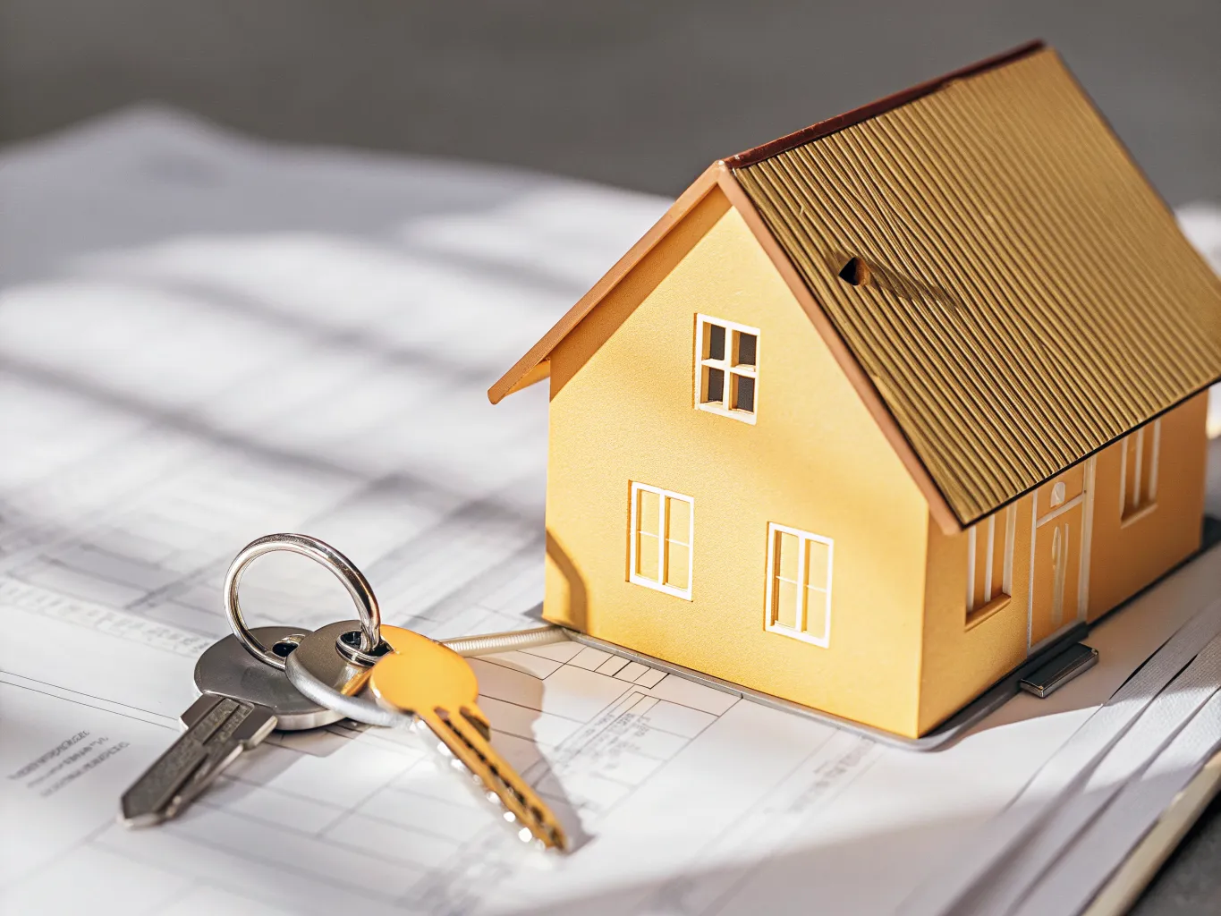 Model house with keys on mortgage documents