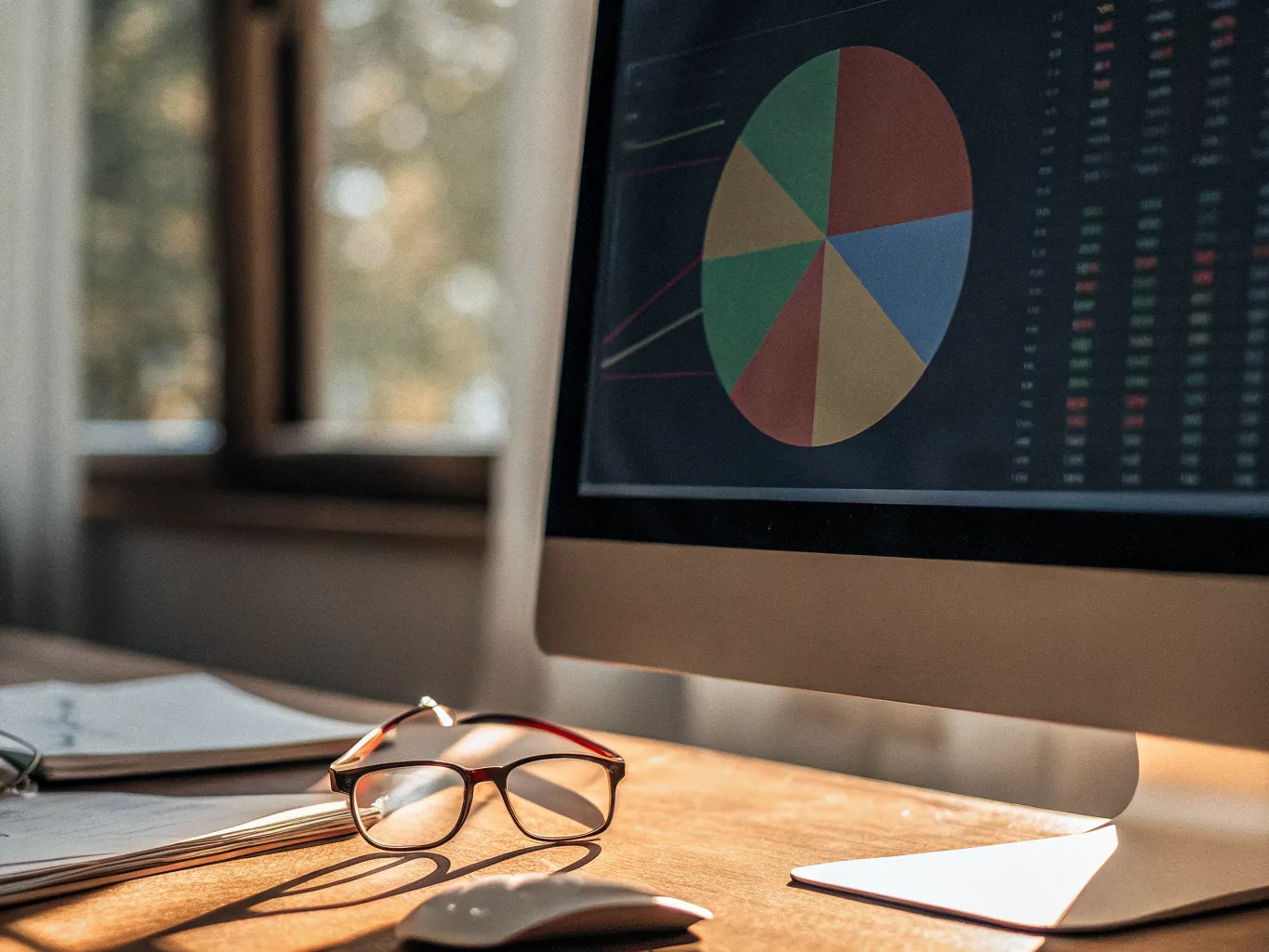 Computer monitor showing a portfolio allocation pie chart on a desk with reading glasses