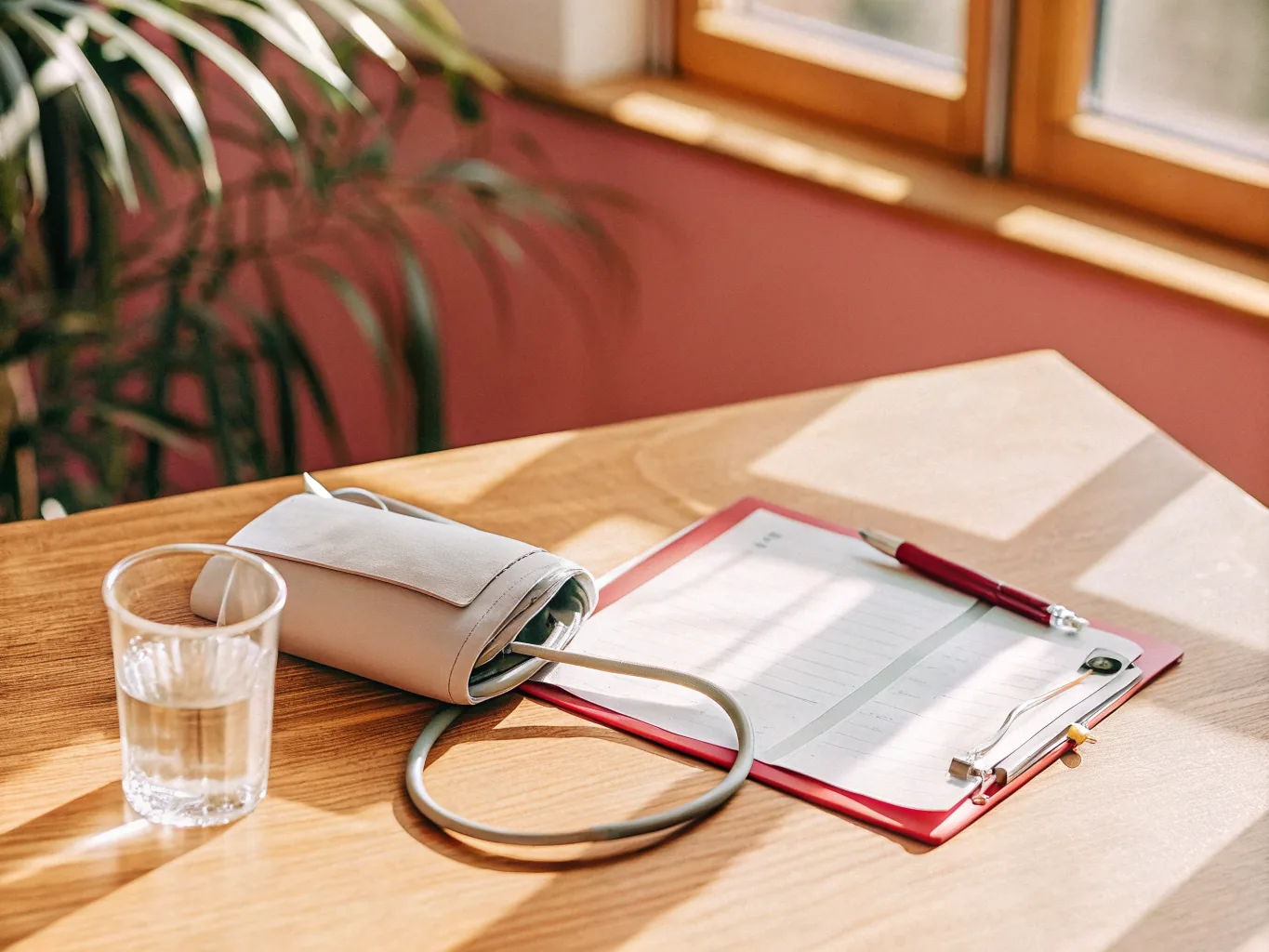 Blood pressure cuff on a kitchen table beside a clipboard of application paperwork