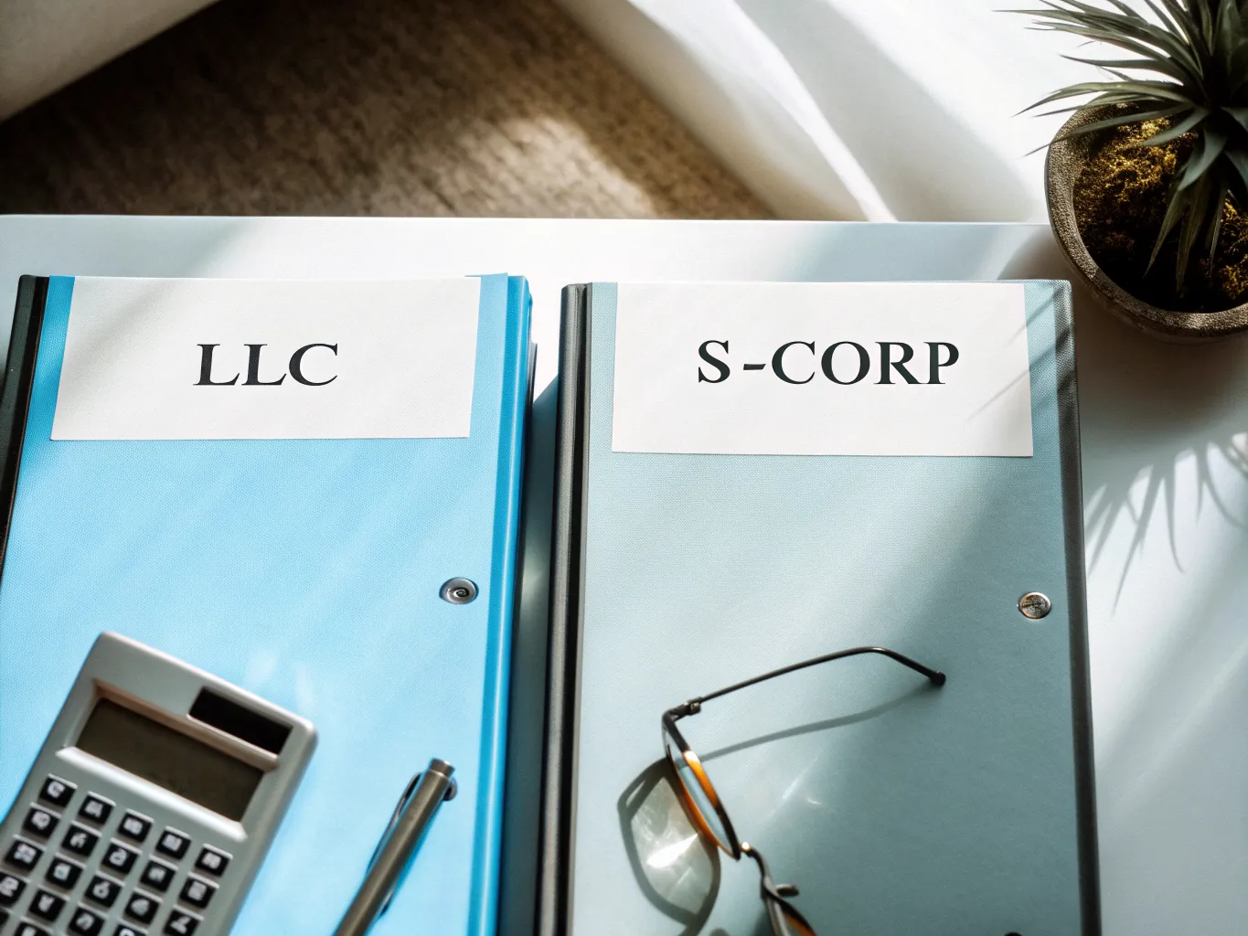 Two business folders labeled LLC and S-Corp side by side on a desk