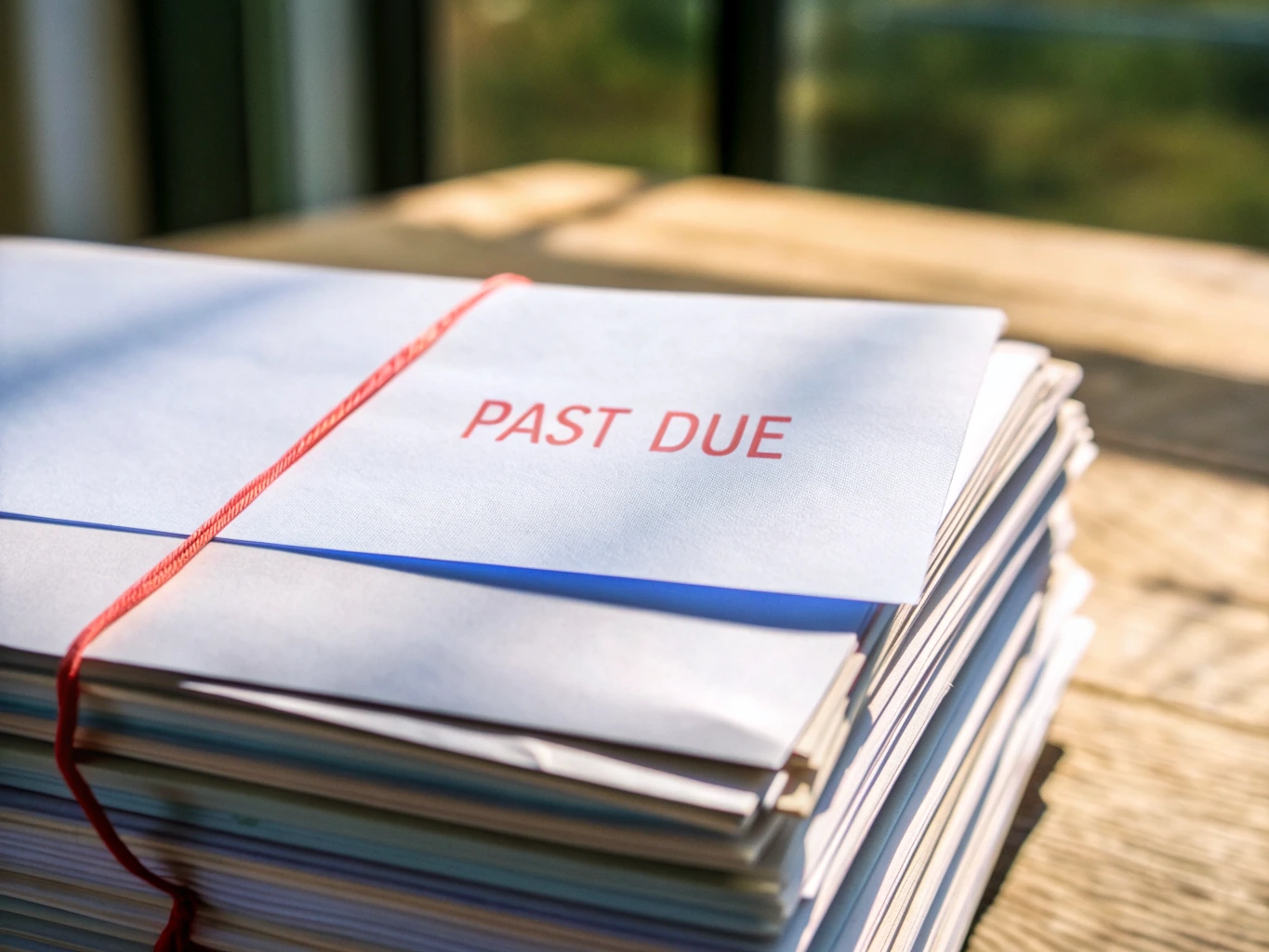 A stack of certified-mail envelopes and hospital billing statements bound with red string, the top envelope stamped PAST DUE, resting on a wooden table in warm window light
