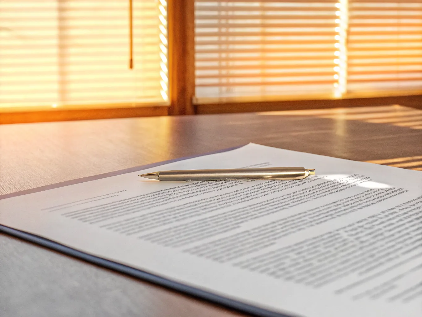 Employment contract document with a pen resting on it on a professional desk