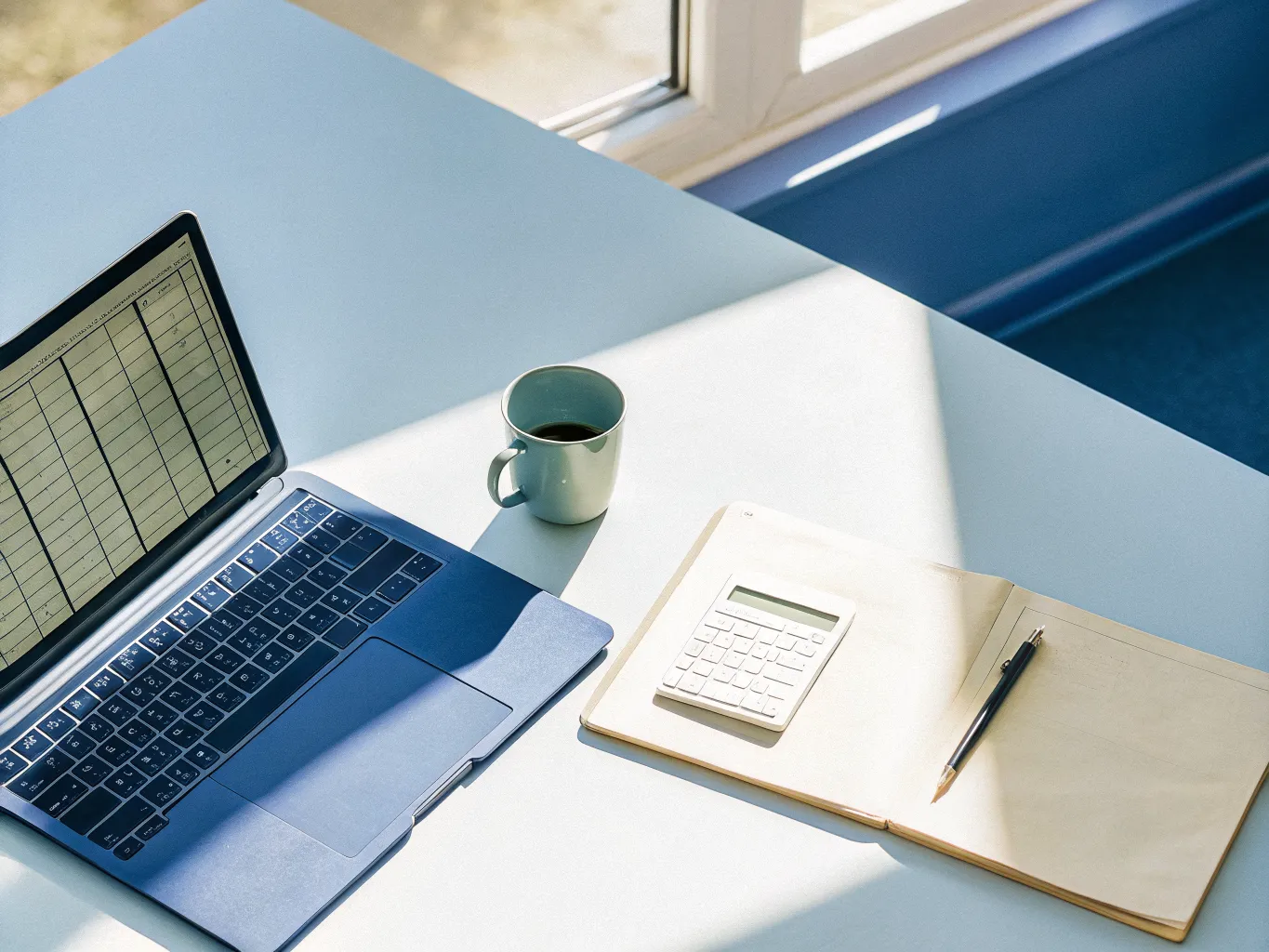 Laptop showing a payroll spreadsheet on a clean desk with a calculator and coffee