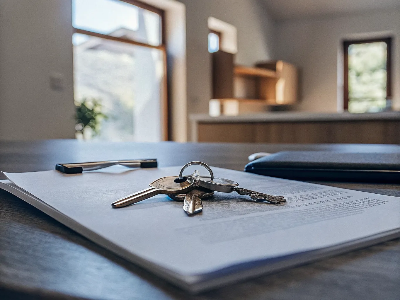 Apartment keys resting on an insurance policy document on a kitchen counter