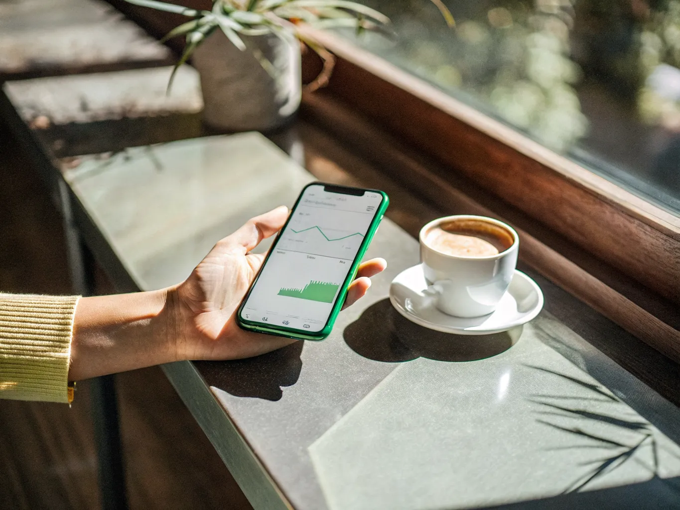 Smartphone showing stock trading charts on a desk with cash