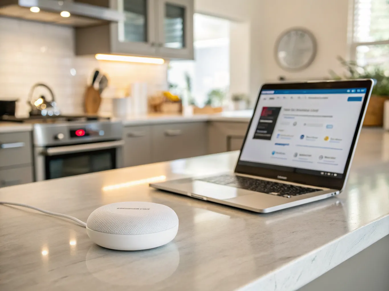 Smart home hub on a kitchen counter next to a laptop showing a banking app