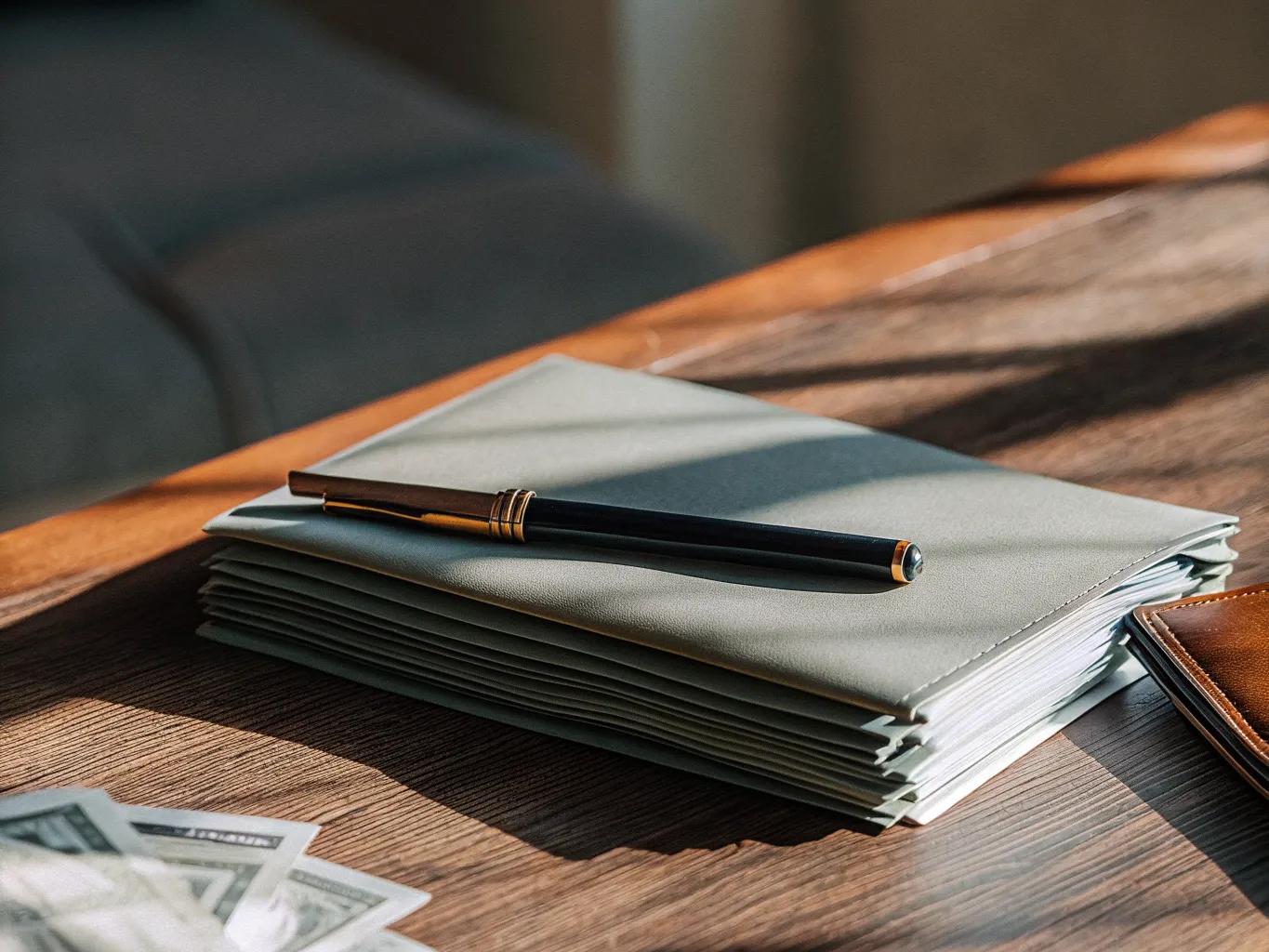 A stack of paper billing statements and a loan agreement on a wood table with a brass pen resting across them and folded cash beside the stack