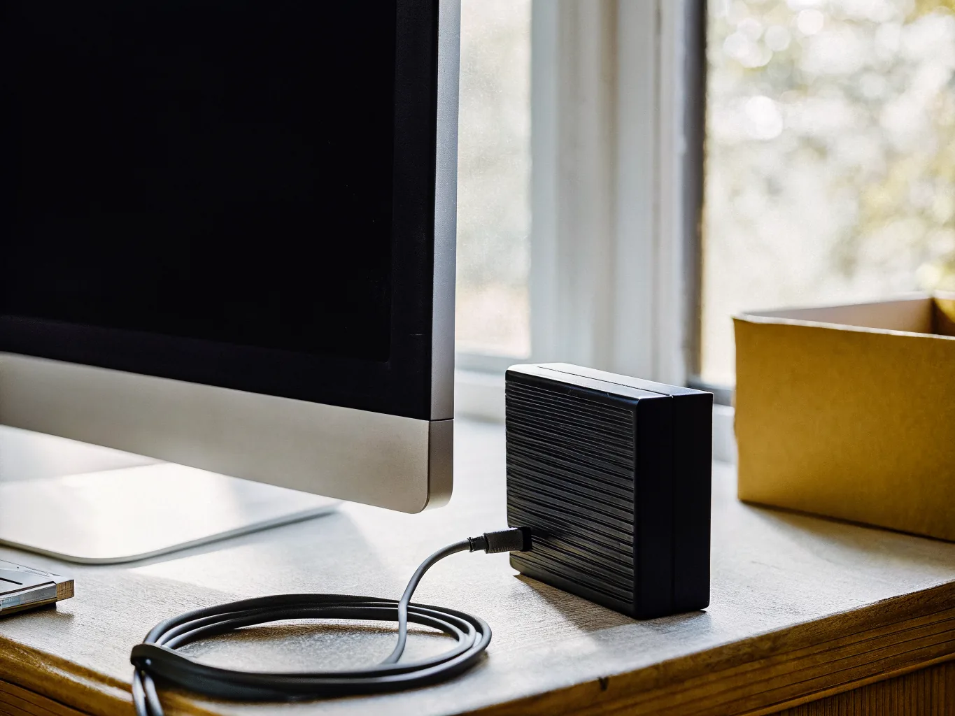 Dark monitor and an external hard drive on a home office desk beside a partly packed box