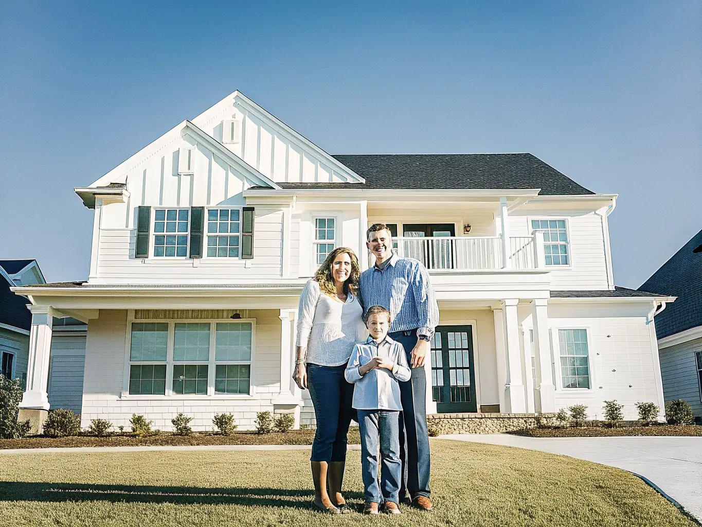 A family standing together on the front lawn facing the camera in front of a large white two-story suburban house in bright daylight